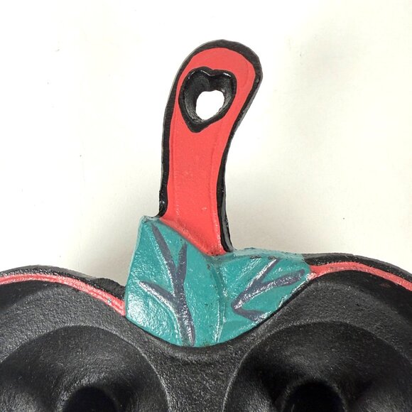 Apple Shaped Cast Iron Skillet Bakeware With Handle Painted In Red & Green - Picture 3 of 4